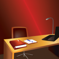 office with a desk, maroon walls, view of desk with notebook and other office stuff, hq, ultra realistic, real, realistic lightning
