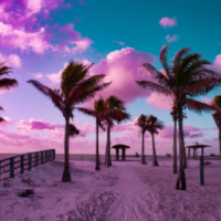 A picture of a beach with a purple sky and palm trees 